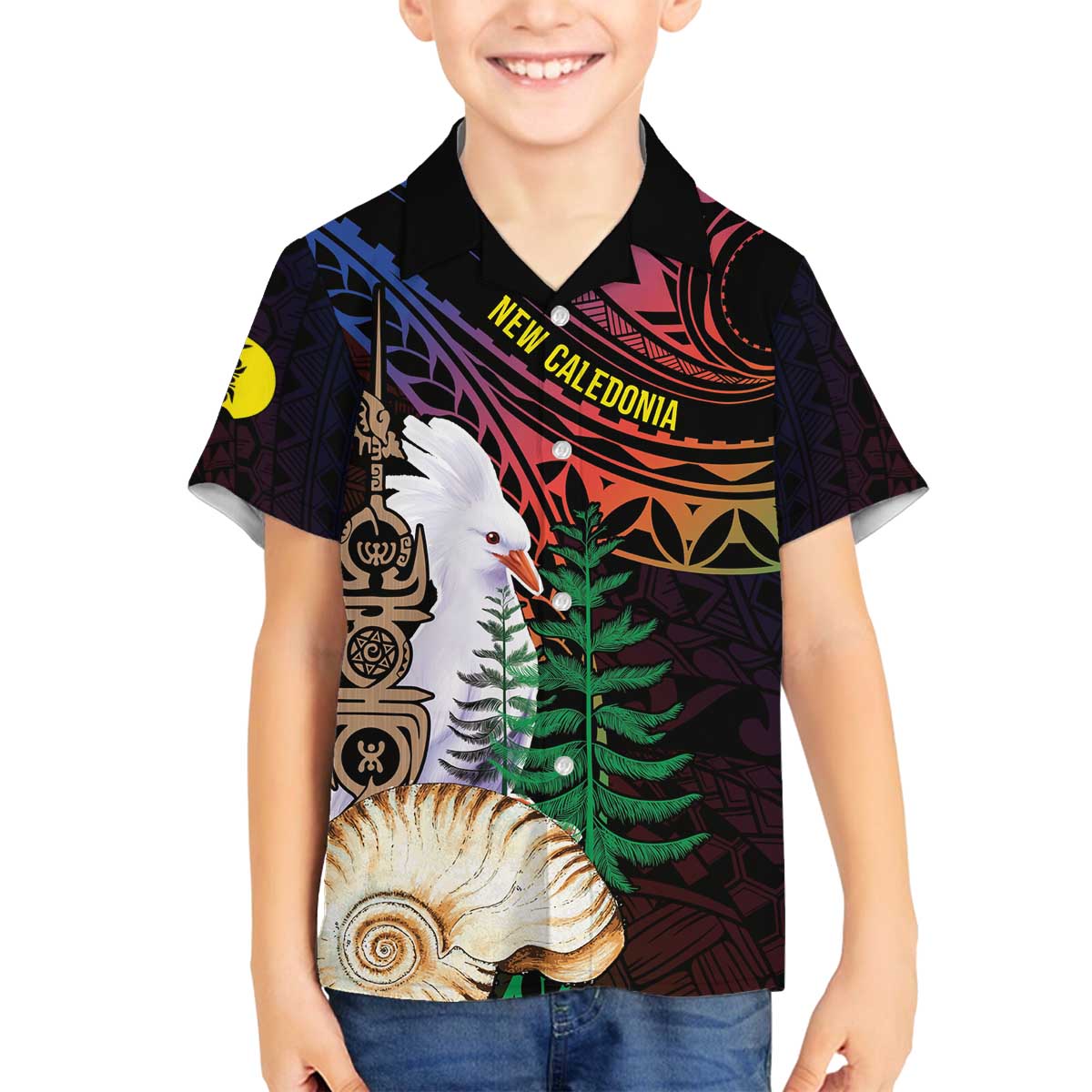 New Caledonia Kanaky Personalized Family Matching Off The Shoulder Long Sleeve Dress and Hawaiian Shirt Kagu Bird Emblem - Polynesian Pride