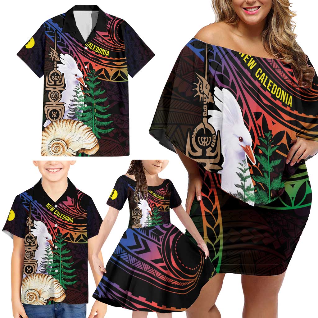 New Caledonia Kanaky Personalized Family Matching Off Shoulder Short Dress and Hawaiian Shirt Kagu Bird Emblem - Polynesian Pride