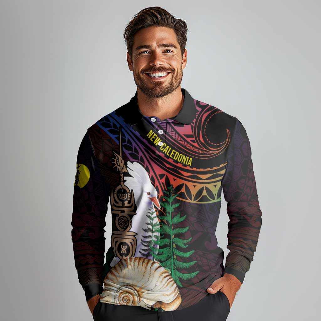 New Caledonia Kanaky Personalized Long Sleeve Polo Shirt Kagu Bird Emblem - Polynesian Pride