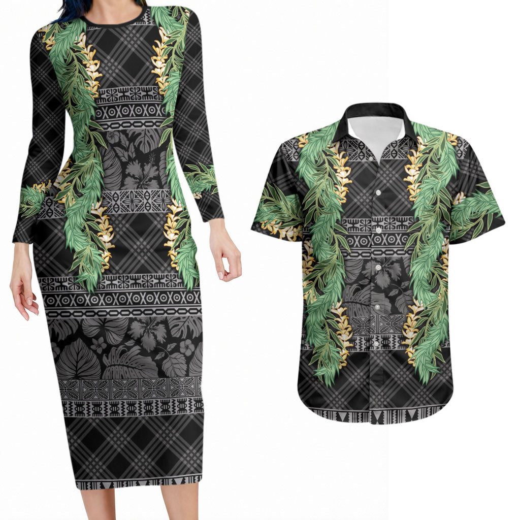 Hawai'i Paniolo Maile Twisted Lei Couples Matching Long Sleeve Bodycon Dress and Hawaiian Shirt Obsidian Black LT7 Black - Polynesian Pride