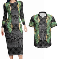 Hawai'i Paniolo Maile Twisted Lei Couples Matching Long Sleeve Bodycon Dress and Hawaiian Shirt Obsidian Black LT7 Black - Polynesian Pride