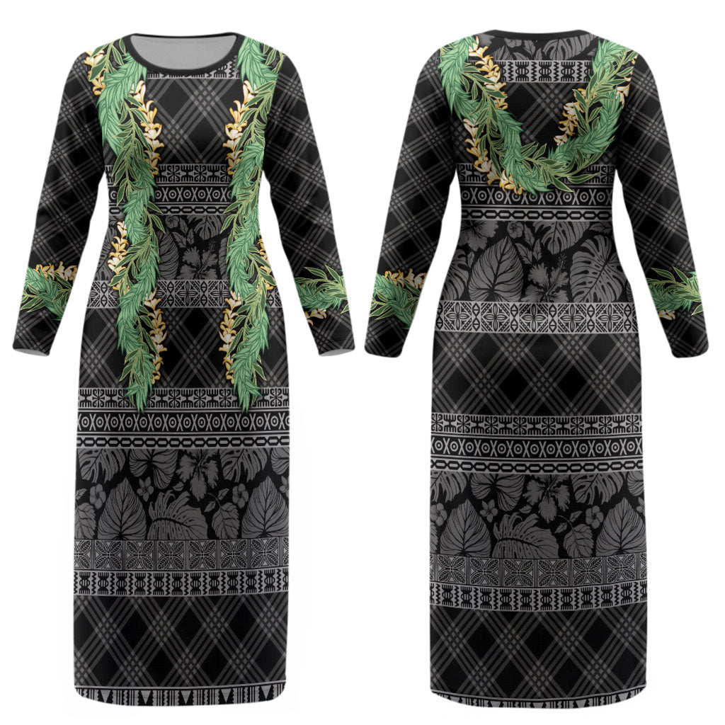 Hawai'i Paniolo Maile Twisted Lei Couples Matching Long Sleeve Bodycon Dress and Hawaiian Shirt Obsidian Black LT7 - Polynesian Pride