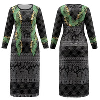 Hawai'i Paniolo Maile Twisted Lei Couples Matching Long Sleeve Bodycon Dress and Hawaiian Shirt Obsidian Black LT7 - Polynesian Pride