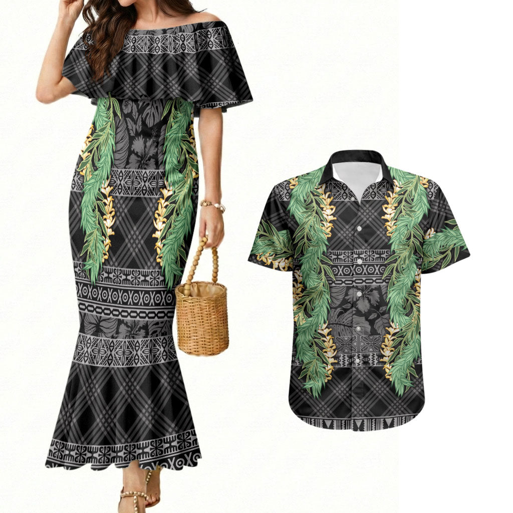 Hawai'i Paniolo Maile Twisted Lei Couples Matching Mermaid Dress and Hawaiian Shirt Obsidian Black LT7 Black - Polynesian Pride
