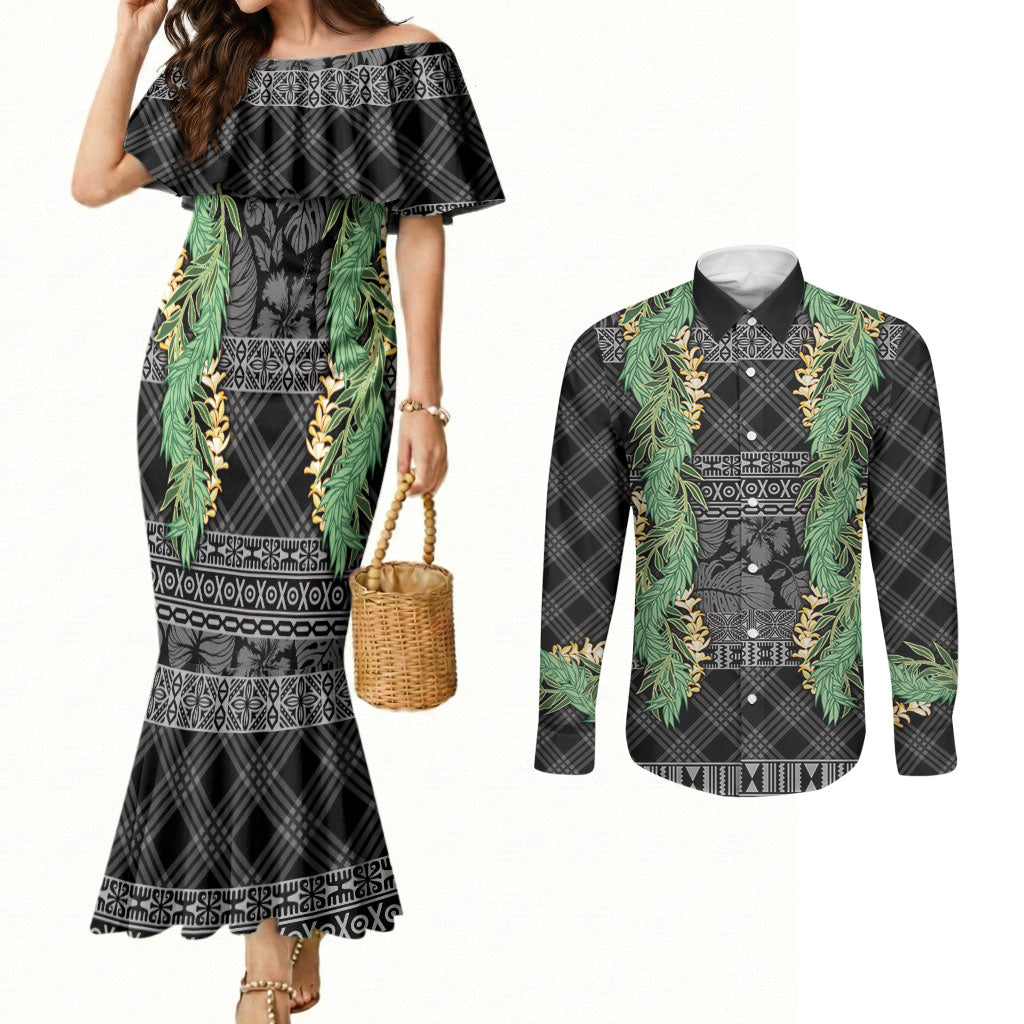 Hawai'i Paniolo Maile Twisted Lei Couples Matching Mermaid Dress and Long Sleeve Button Shirt Obsidian Black LT7 Black - Polynesian Pride