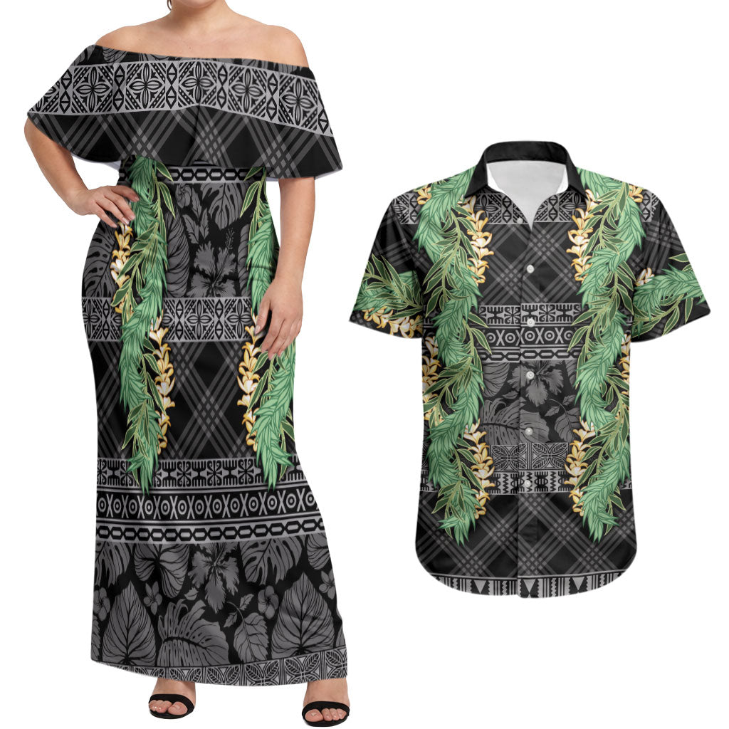 Hawai'i Paniolo Maile Twisted Lei Couples Matching Off Shoulder Maxi Dress and Hawaiian Shirt Obsidian Black LT7 Black - Polynesian Pride