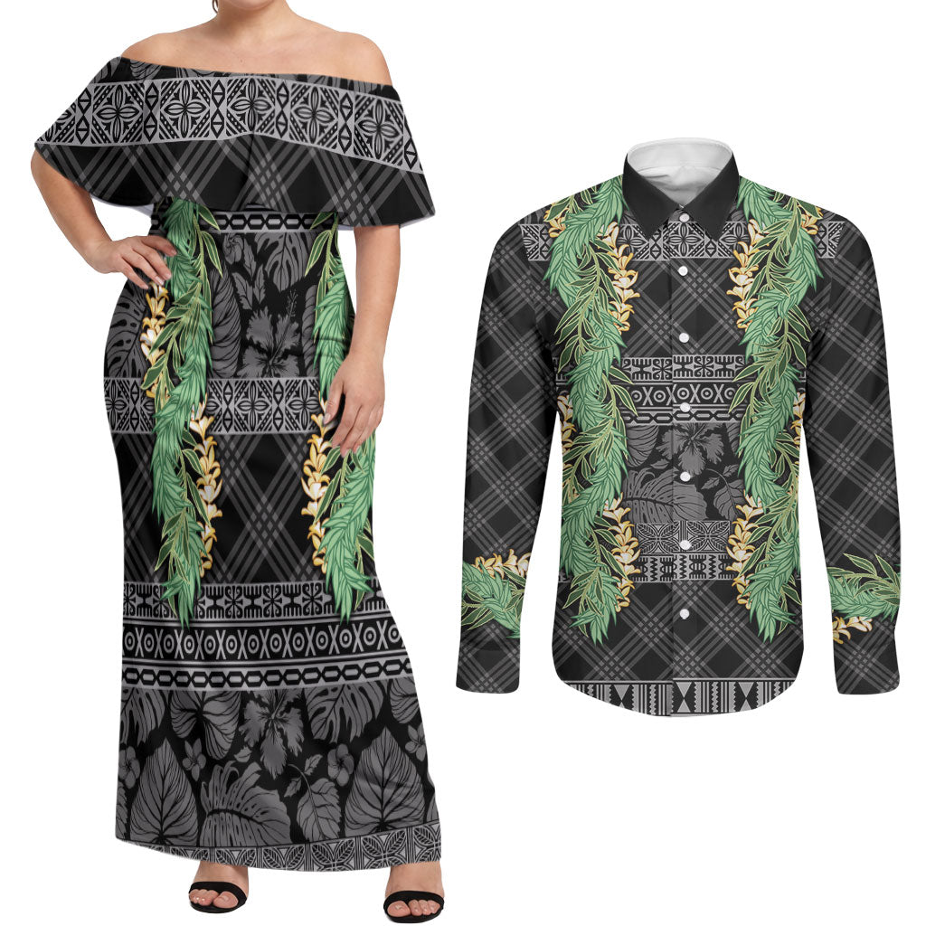 Hawai'i Paniolo Maile Twisted Lei Couples Matching Off Shoulder Maxi Dress and Long Sleeve Button Shirt Obsidian Black LT7 Black - Polynesian Pride