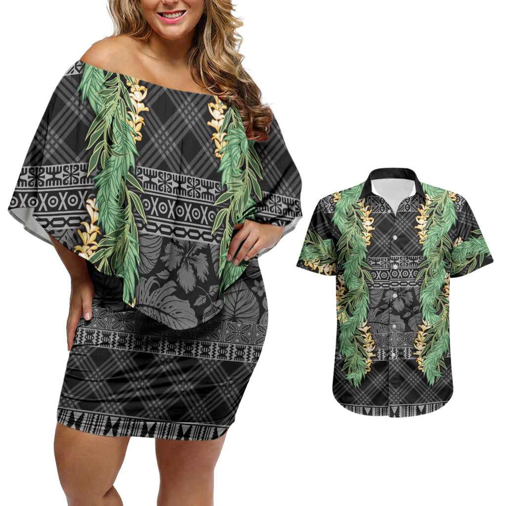 Hawai'i Paniolo Maile Twisted Lei Couples Matching Off Shoulder Short Dress and Hawaiian Shirt Obsidian Black LT7 Black - Polynesian Pride