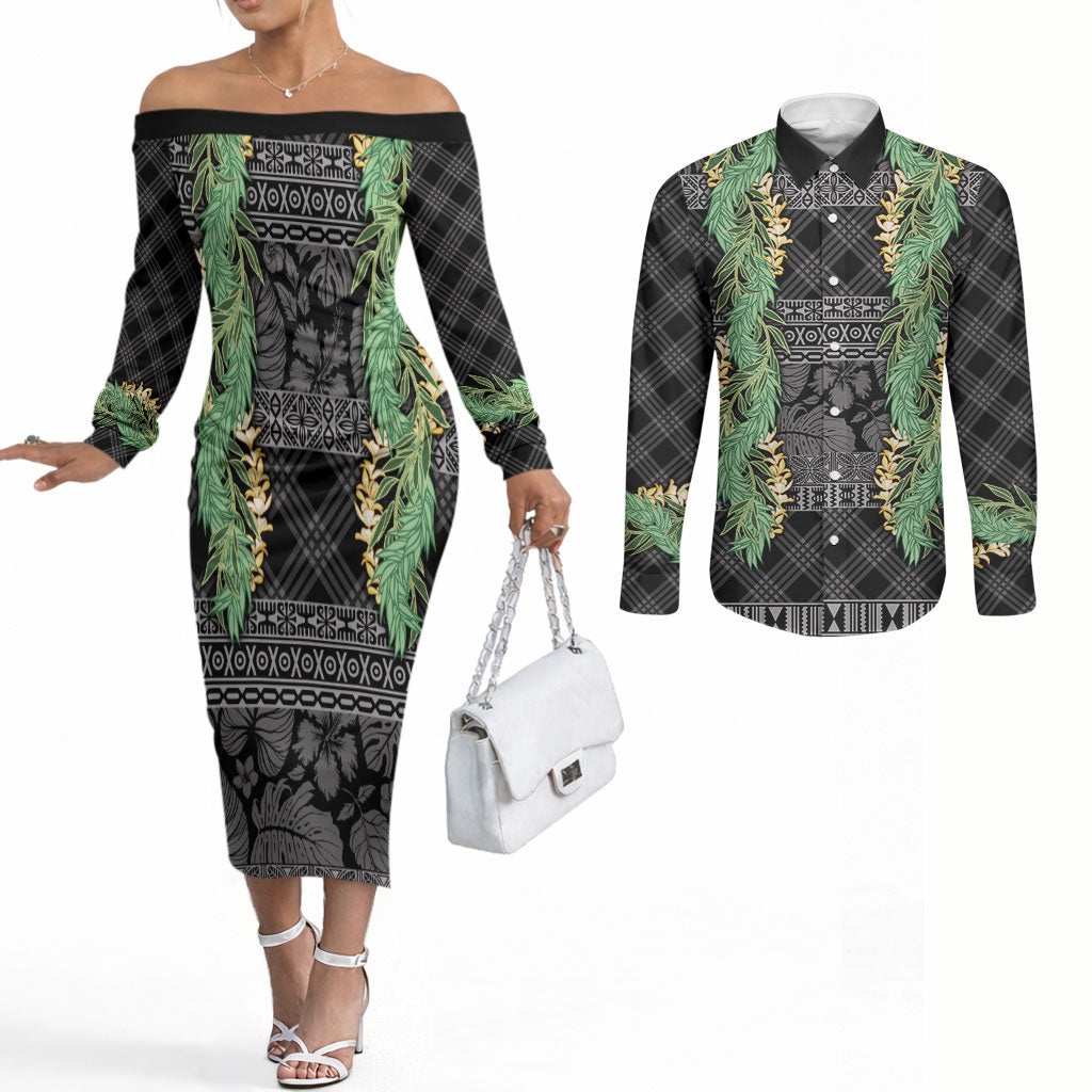 Hawai'i Paniolo Maile Twisted Lei Couples Matching Off The Shoulder Long Sleeve Dress and Long Sleeve Button Shirt Obsidian Black LT7 Black - Polynesian Pride