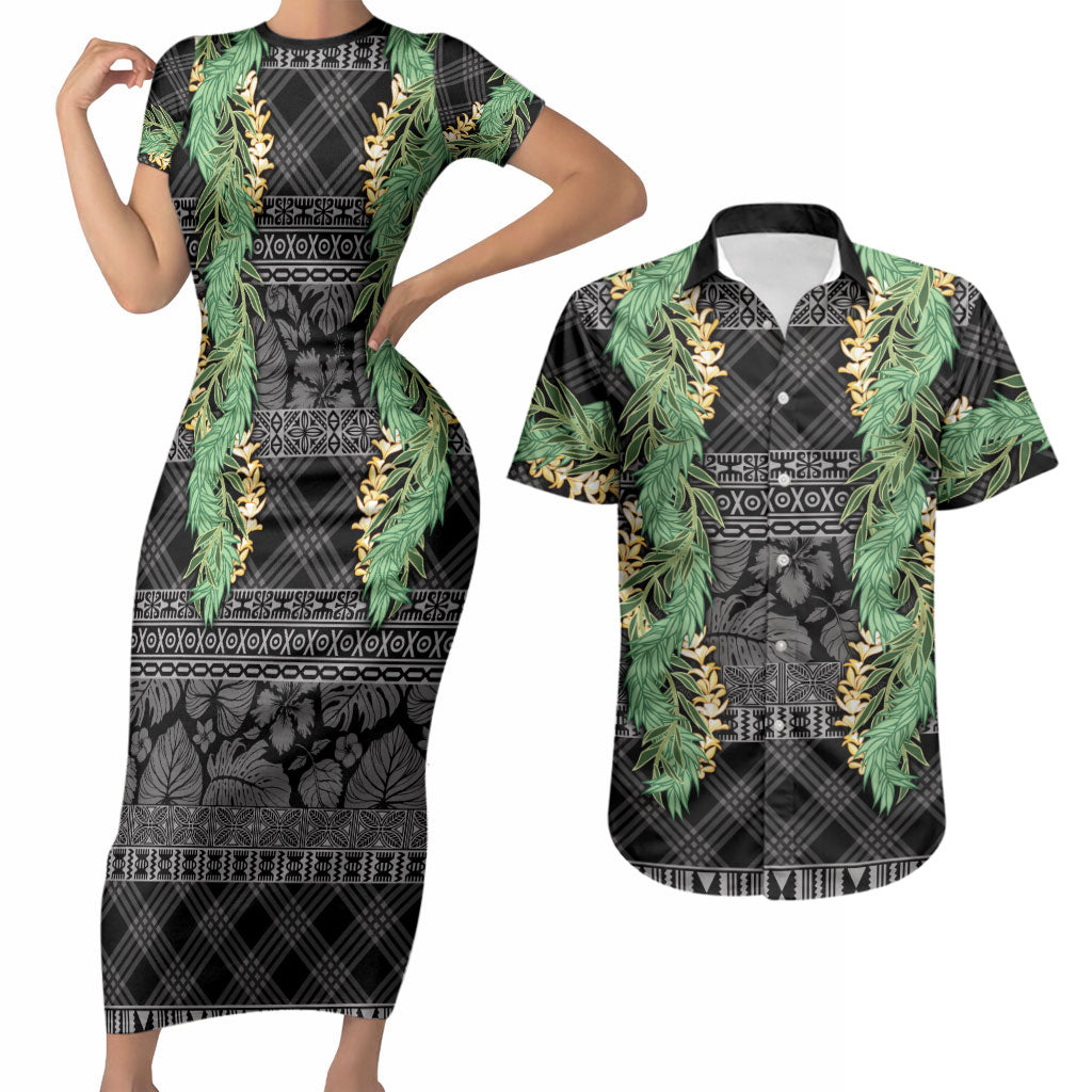 Hawai'i Paniolo Maile Twisted Lei Couples Matching Short Sleeve Bodycon Dress and Hawaiian Shirt Obsidian Black LT7 Black - Polynesian Pride