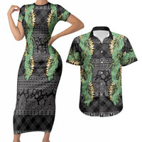 Hawai'i Paniolo Maile Twisted Lei Couples Matching Short Sleeve Bodycon Dress and Hawaiian Shirt Obsidian Black LT7 Black - Polynesian Pride