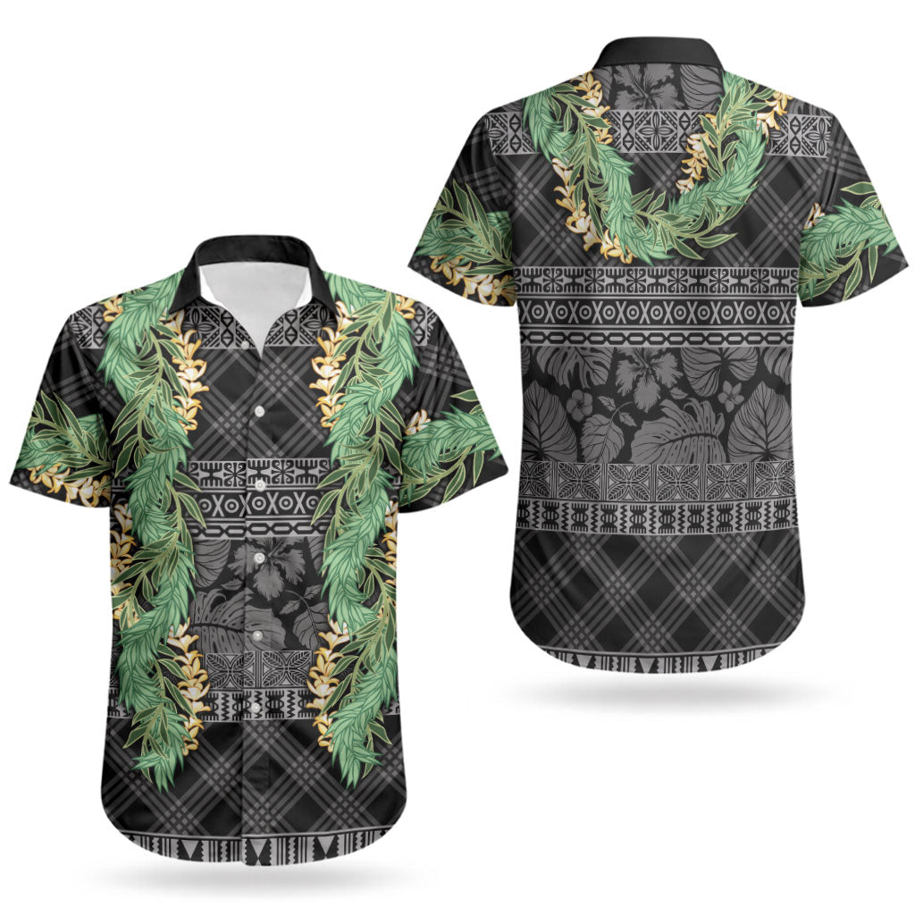 Hawai'i Paniolo Maile Twisted Lei Couples Matching Short Sleeve Bodycon Dress and Hawaiian Shirt Obsidian Black LT7 - Polynesian Pride