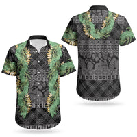 Hawai'i Paniolo Maile Twisted Lei Couples Matching Short Sleeve Bodycon Dress and Hawaiian Shirt Obsidian Black LT7 - Polynesian Pride