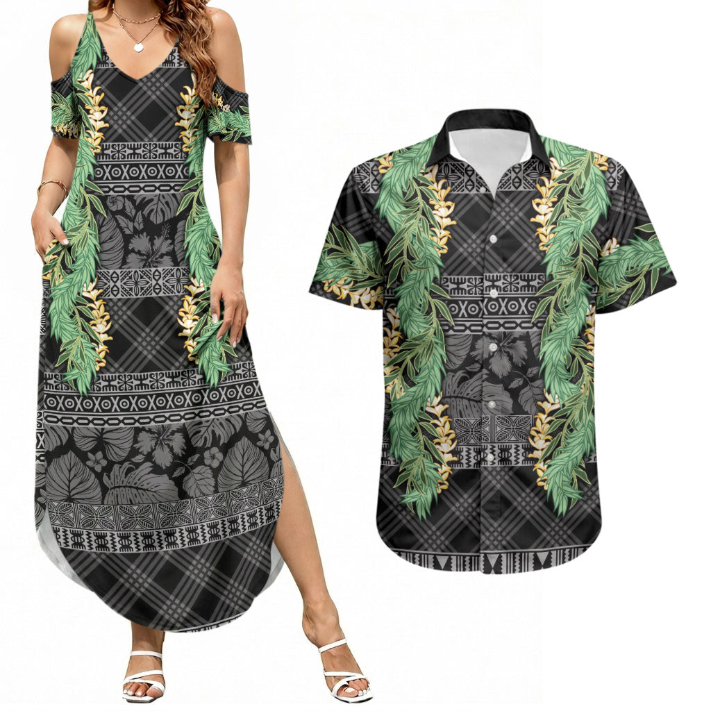 Hawai'i Paniolo Maile Twisted Lei Couples Matching Summer Maxi Dress and Hawaiian Shirt Obsidian Black LT7 Black - Polynesian Pride