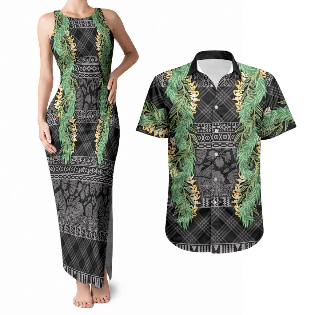 Hawai'i Paniolo Maile Twisted Lei Couples Matching Tank Maxi Dress and Hawaiian Shirt Obsidian Black LT7 Black - Polynesian Pride