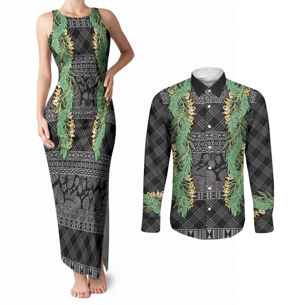 Hawai'i Paniolo Maile Twisted Lei Couples Matching Tank Maxi Dress and Long Sleeve Button Shirt Obsidian Black LT7 Black - Polynesian Pride