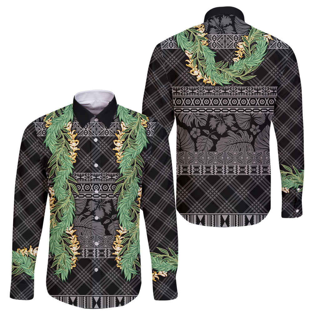 Hawai'i Paniolo Maile Twisted Lei Family Matching Long Sleeve Bodycon Dress and Hawaiian Shirt Obsidian Black LT7 Dad's Shirt - Long Sleeve Black - Polynesian Pride