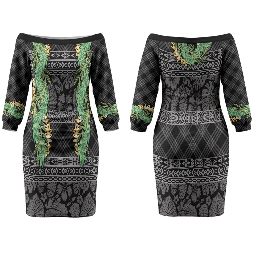 Hawai'i Paniolo Maile Twisted Lei Family Matching Off The Shoulder Long Sleeve Dress and Hawaiian Shirt Obsidian Black LT7 Mom's Dress Black - Polynesian Pride