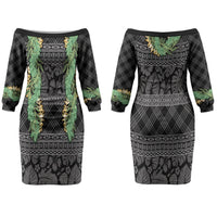 Hawai'i Paniolo Maile Twisted Lei Family Matching Off The Shoulder Long Sleeve Dress and Hawaiian Shirt Obsidian Black LT7 Mom's Dress Black - Polynesian Pride