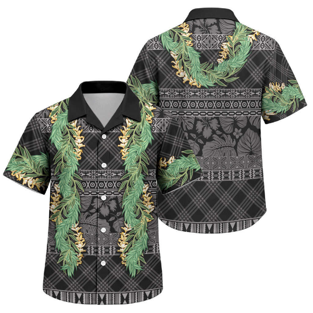 Hawai'i Paniolo Maile Twisted Lei Family Matching Off The Shoulder Long Sleeve Dress and Hawaiian Shirt Obsidian Black LT7 Son's Shirt Black - Polynesian Pride