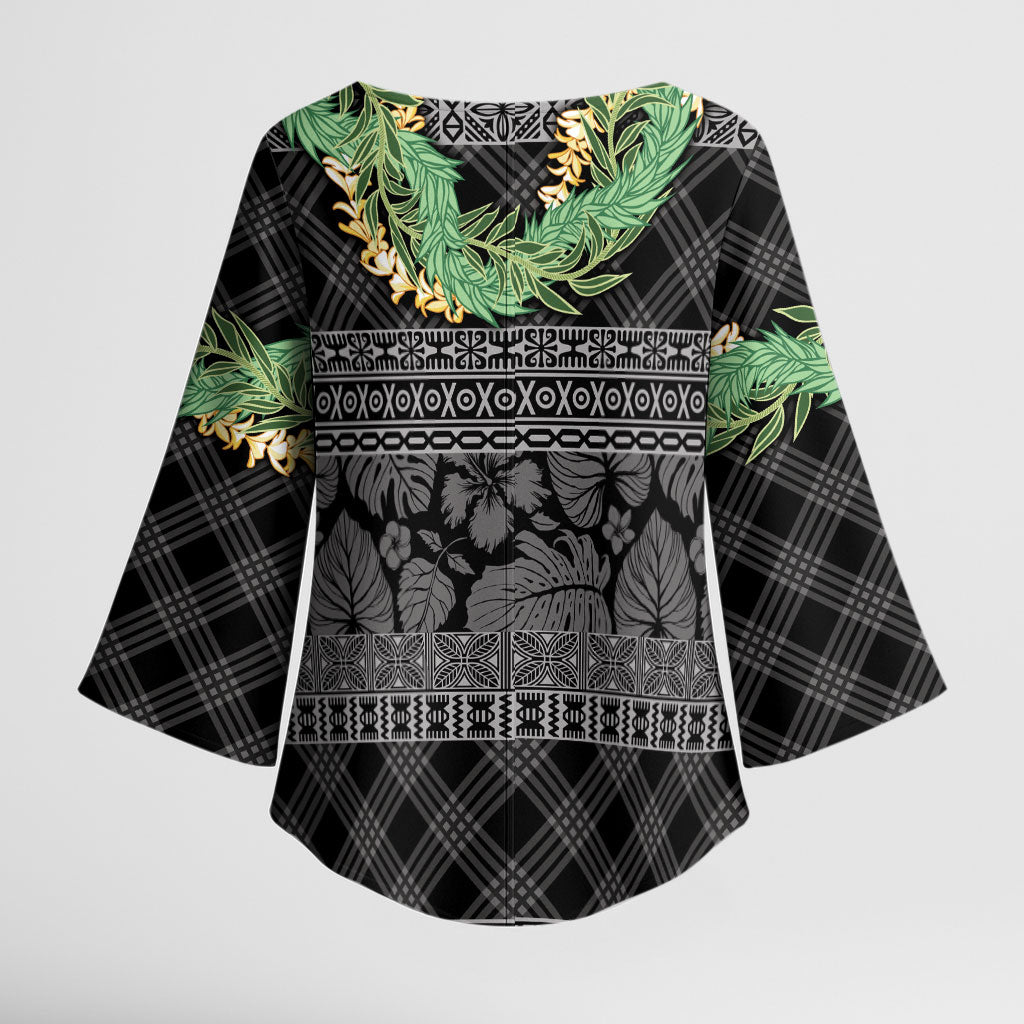 Hawai'i Paniolo Maile Twisted Lei Kimono Sleeve Blouse Obsidian Black LT7 - Polynesian Pride