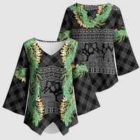 Hawai'i Paniolo Maile Twisted Lei Kimono Sleeve Blouse Obsidian Black LT7 - Polynesian Pride