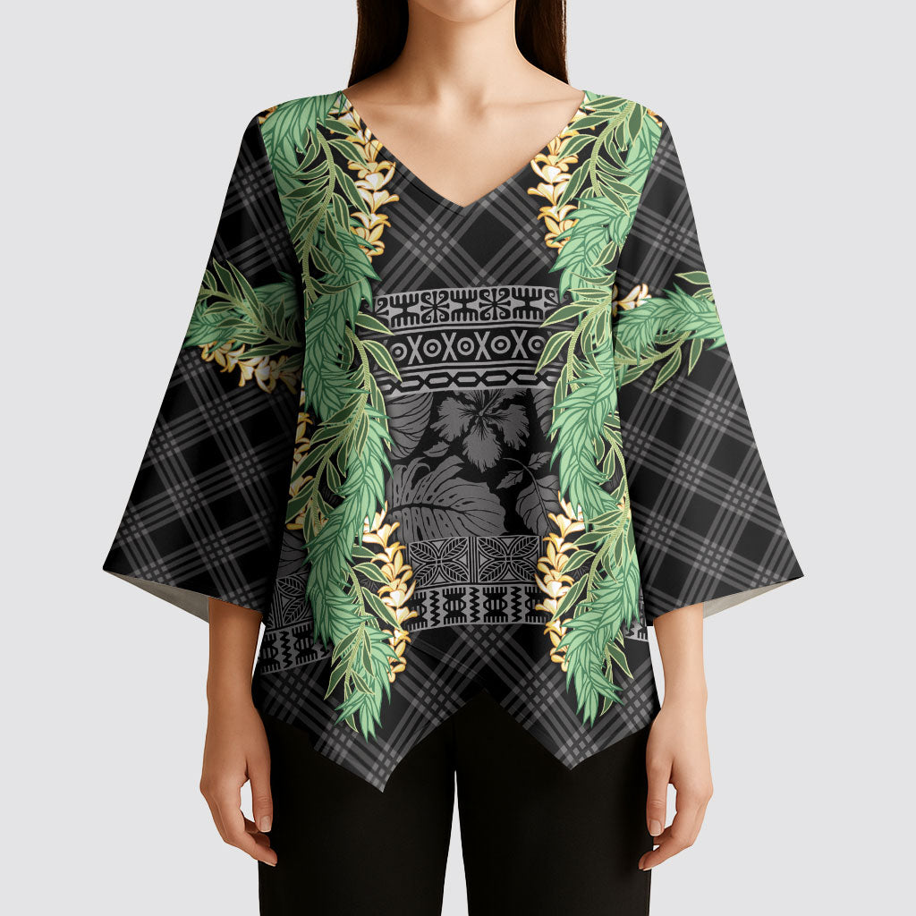 Hawai'i Paniolo Maile Twisted Lei Kimono Sleeve Blouse Obsidian Black LT7 - Polynesian Pride