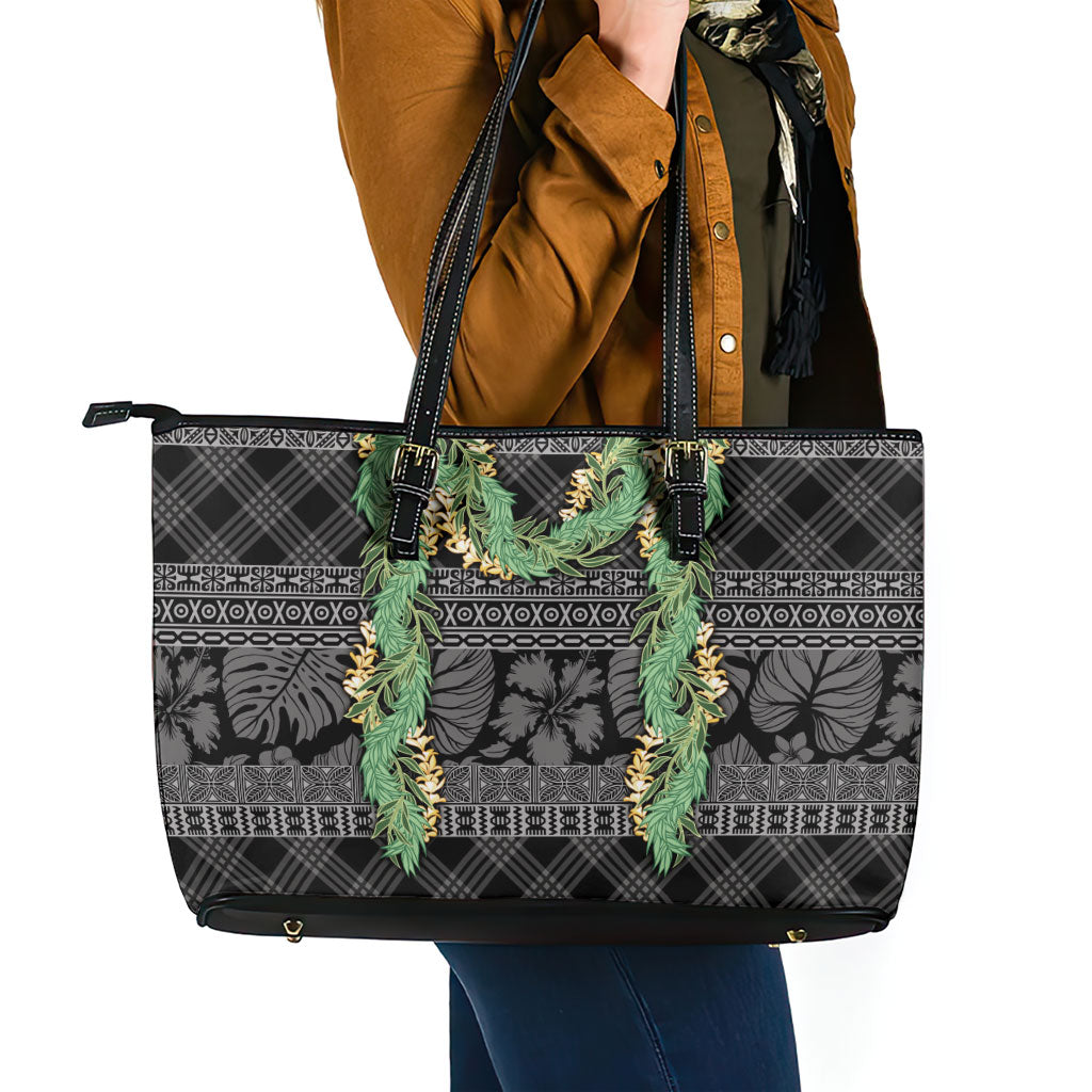 Hawai'i Paniolo Maile Twisted Lei Leather Tote Bag Obsidian Black LT7 - Polynesian Pride