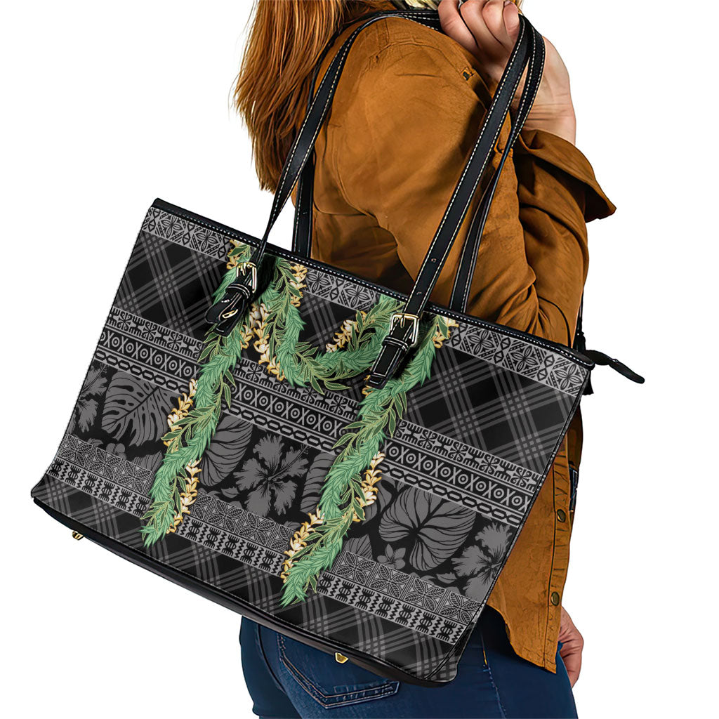 Hawai'i Paniolo Maile Twisted Lei Leather Tote Bag Obsidian Black LT7 - Polynesian Pride