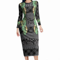 Hawai'i Paniolo Maile Twisted Lei Long Sleeve Bodycon Dress Obsidian Black LT7 Long Dress Black - Polynesian Pride