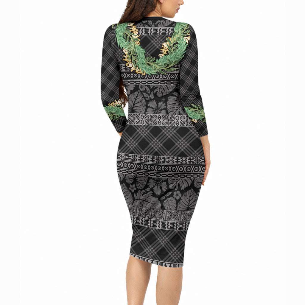 Hawai'i Paniolo Maile Twisted Lei Long Sleeve Bodycon Dress Obsidian Black LT7 - Polynesian Pride