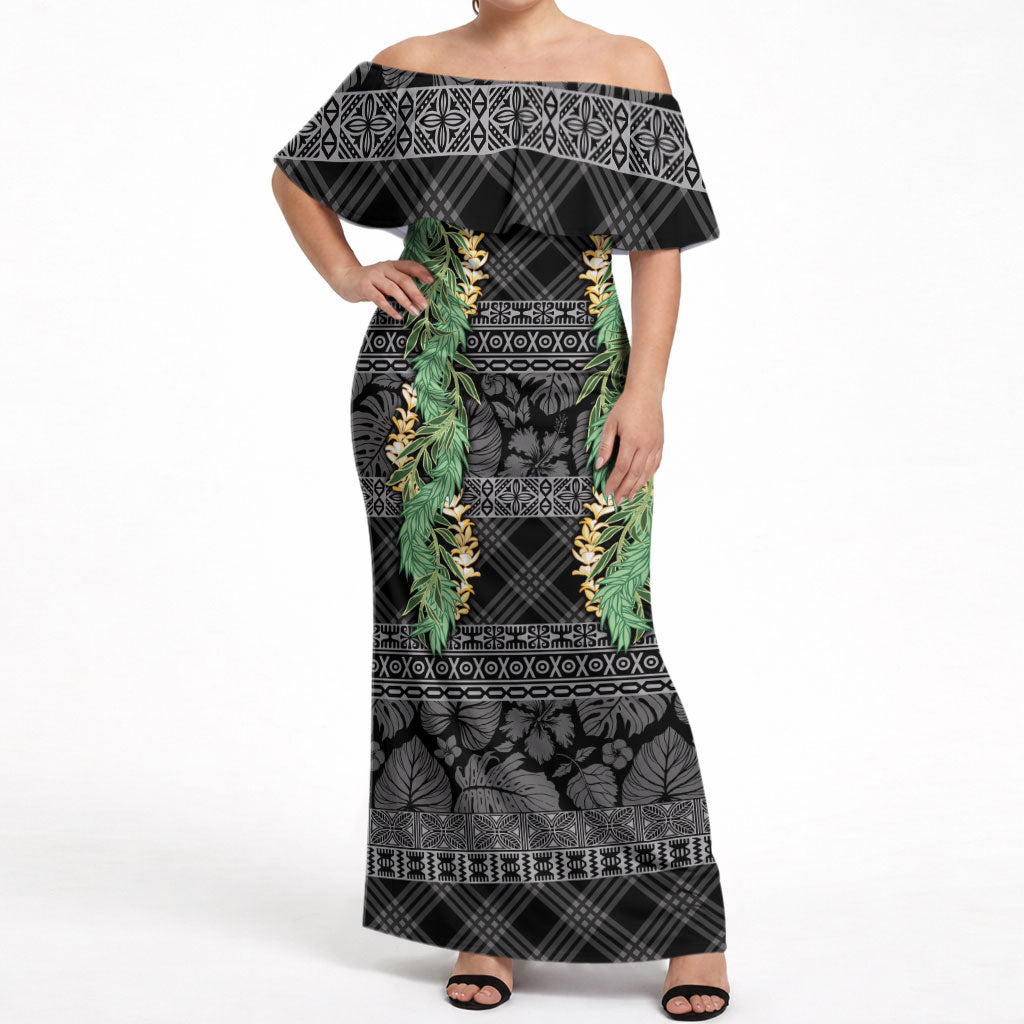 Hawai'i Paniolo Maile Twisted Lei Off Shoulder Maxi Dress Obsidian Black LT7 Women Black - Polynesian Pride