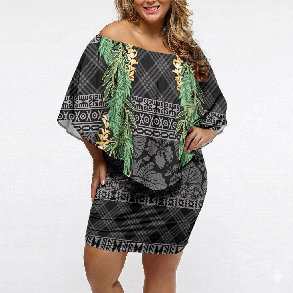 Hawai'i Paniolo Maile Twisted Lei Off Shoulder Short Dress Obsidian Black LT7 Women Black - Polynesian Pride
