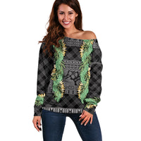 Hawai'i Paniolo Maile Twisted Lei Off Shoulder Sweater Obsidian Black LT7 Women Black - Polynesian Pride