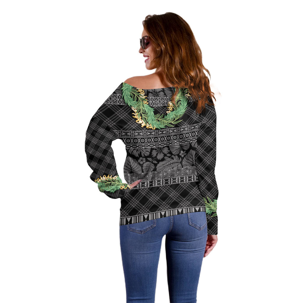 Hawai'i Paniolo Maile Twisted Lei Off Shoulder Sweater Obsidian Black LT7 - Polynesian Pride