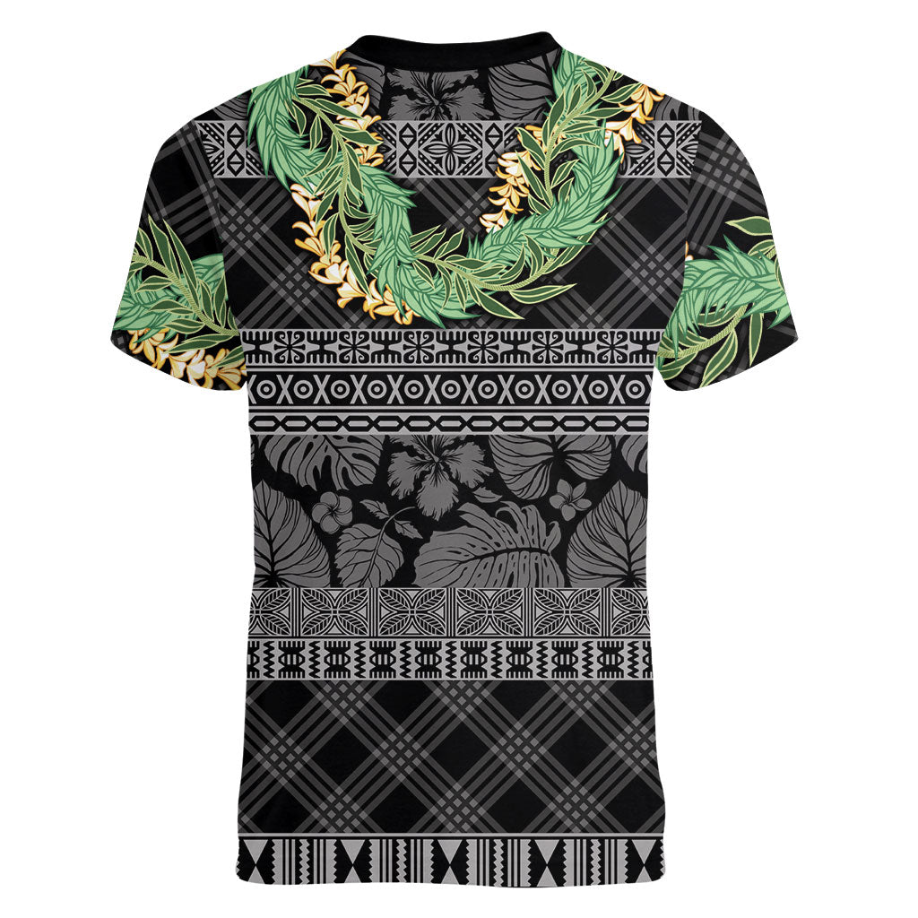 Hawai'i Paniolo Maile Twisted Lei Women V-Neck T-Shirt Obsidian Black LT7 - Polynesian Pride