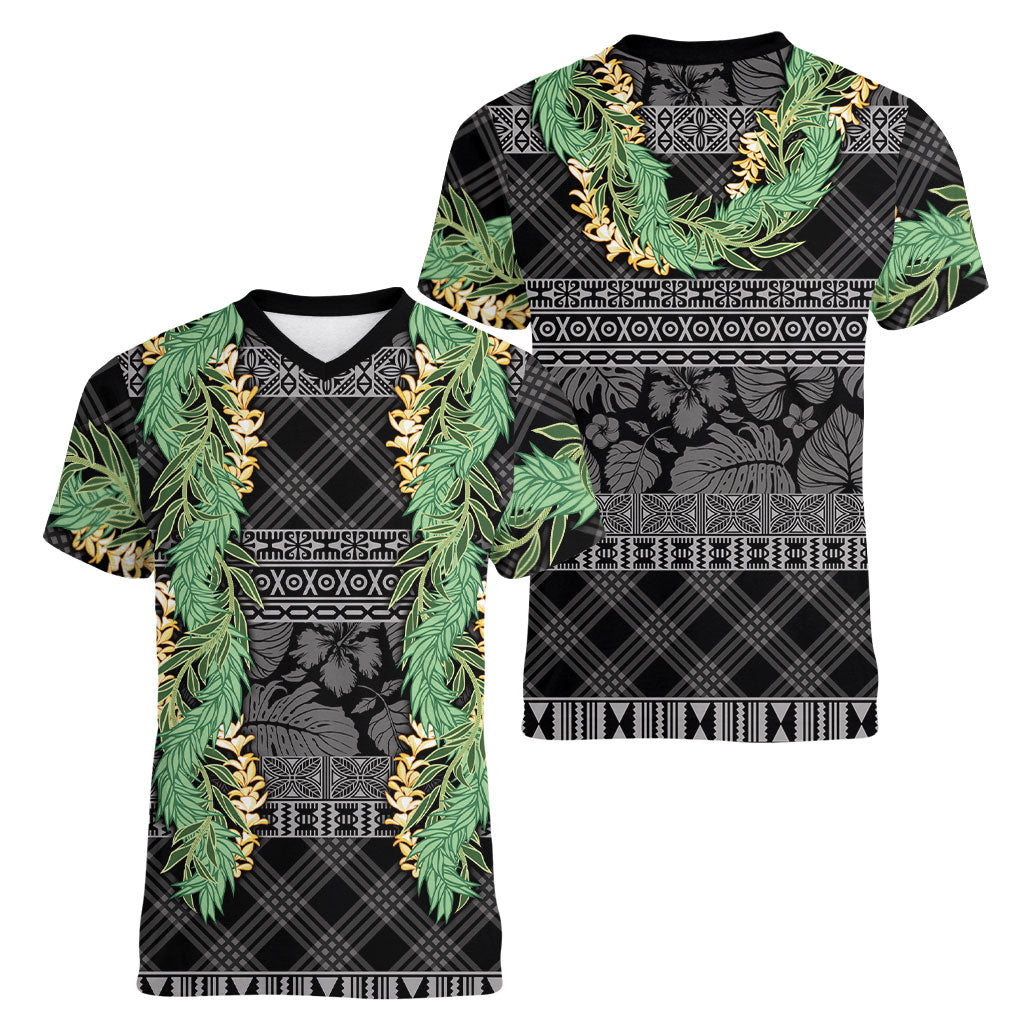 Hawai'i Paniolo Maile Twisted Lei Women V-Neck T-Shirt Obsidian Black LT7 - Polynesian Pride