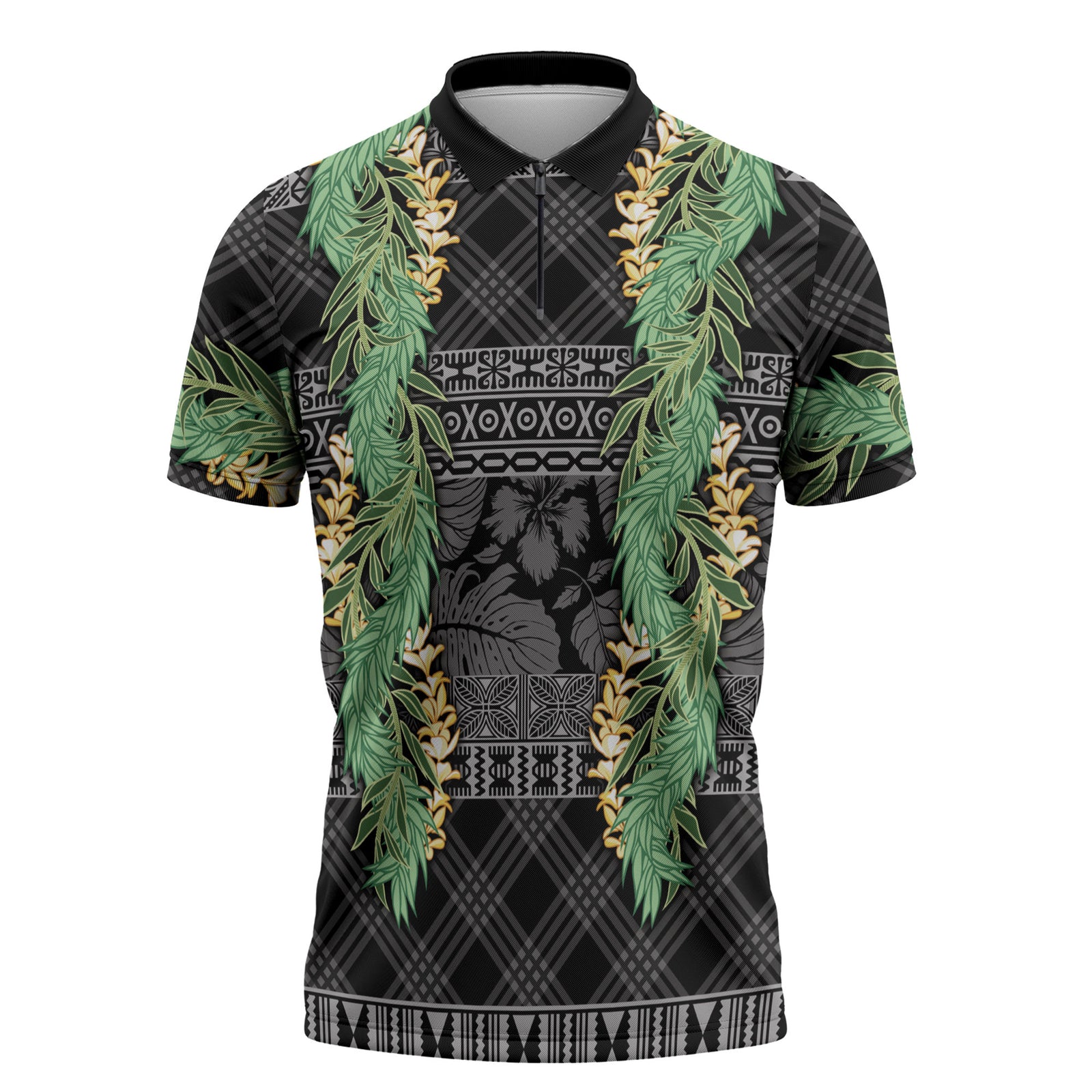 Hawai'i Paniolo Maile Twisted Lei Zipper Polo Shirt Obsidian Black