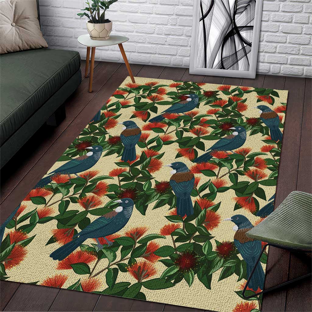 New Zealand Christmas Area Rug Romantic Tui Birds on Pohutukawa - Ivory - Polynesian Pride
