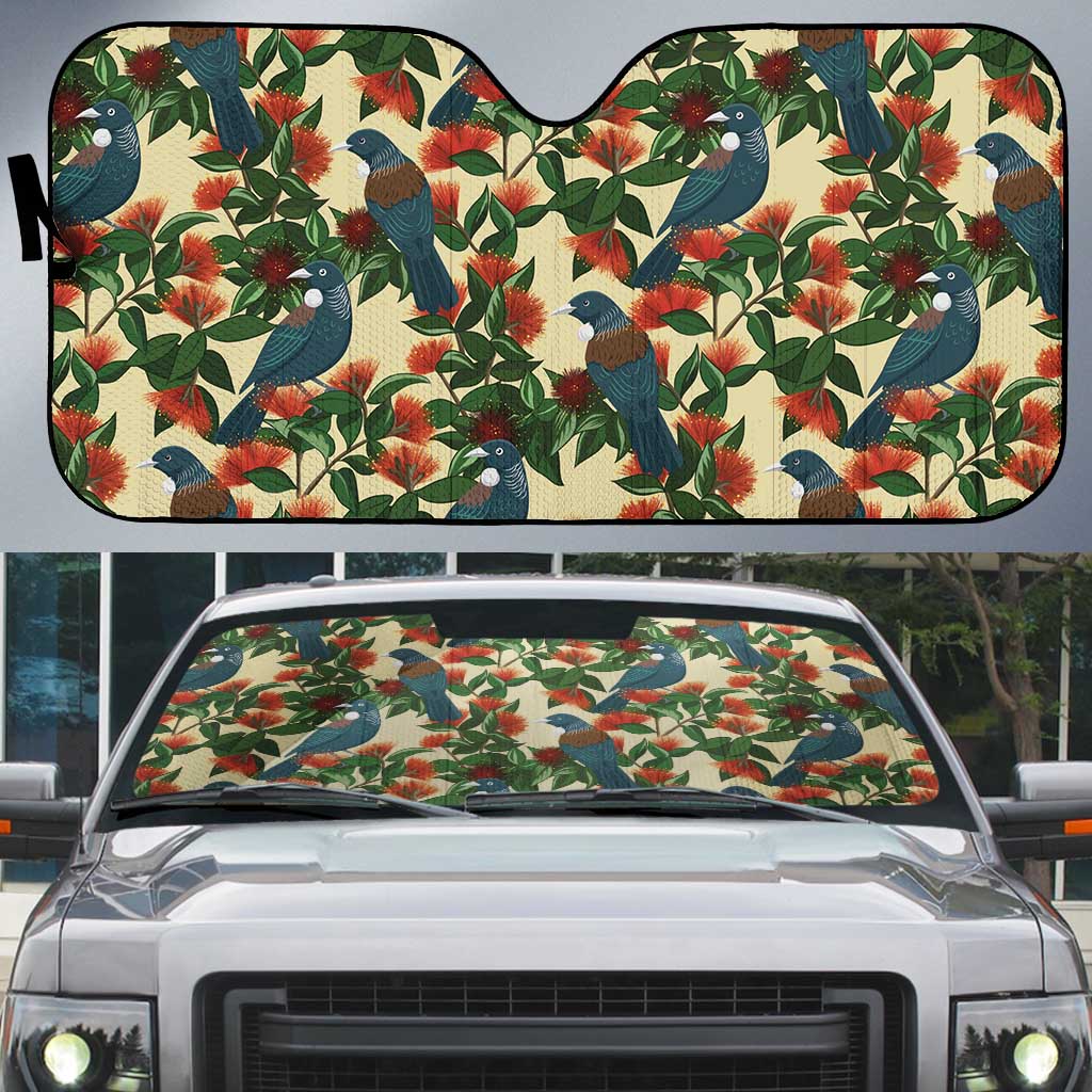 New Zealand Christmas Auto Sun Shade Romantic Tui Birds on Pohutukawa - Ivory - Polynesian Pride