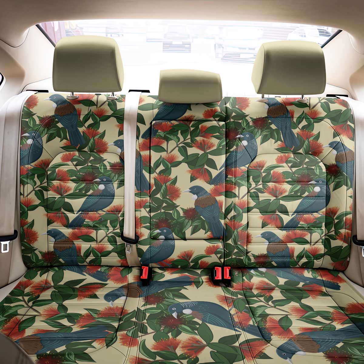 New Zealand Christmas Back Car Seat Cover Romantic Tui Birds on Pohutukawa - Ivory - Polynesian Pride