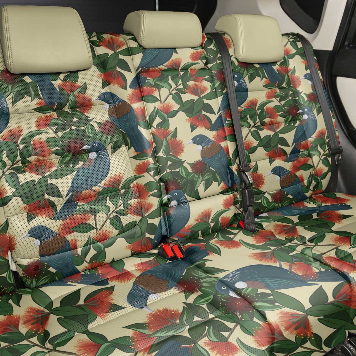 New Zealand Christmas Back Car Seat Cover Romantic Tui Birds on Pohutukawa - Ivory - Polynesian Pride