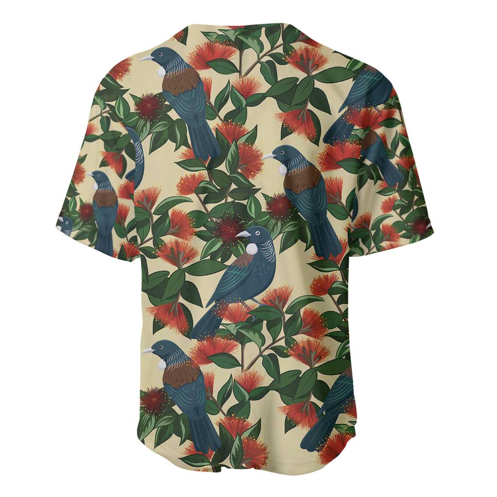 New Zealand Christmas Baseball Jersey Romantic Tui Birds on Pohutukawa - Ivory - Polynesian Pride