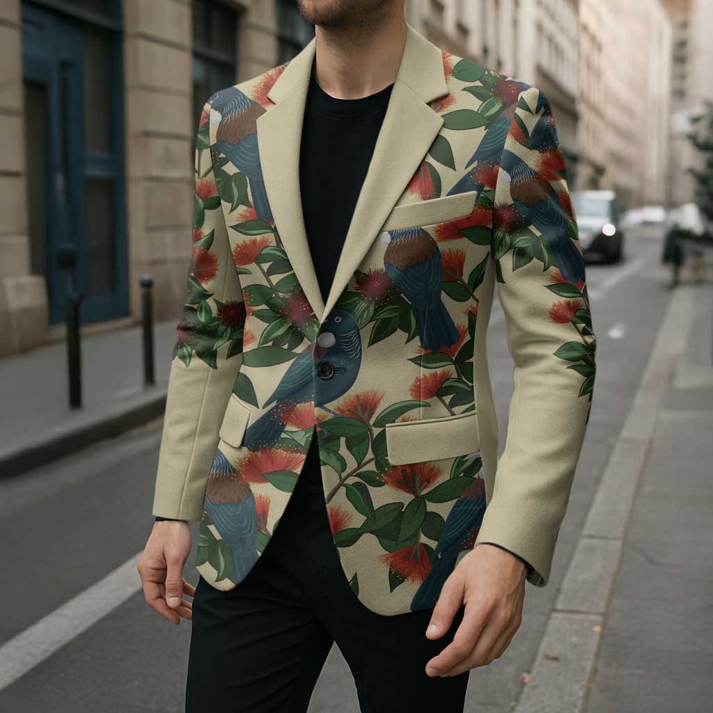 New Zealand Christmas Blazer Romantic Tui Birds on Pohutukawa - Ivory - Polynesian Pride