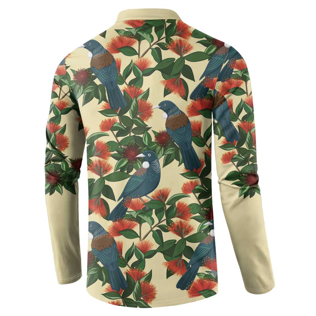 New Zealand Christmas Button Sweatshirt Romantic Tui Birds on Pohutukawa - Ivory - Polynesian Pride