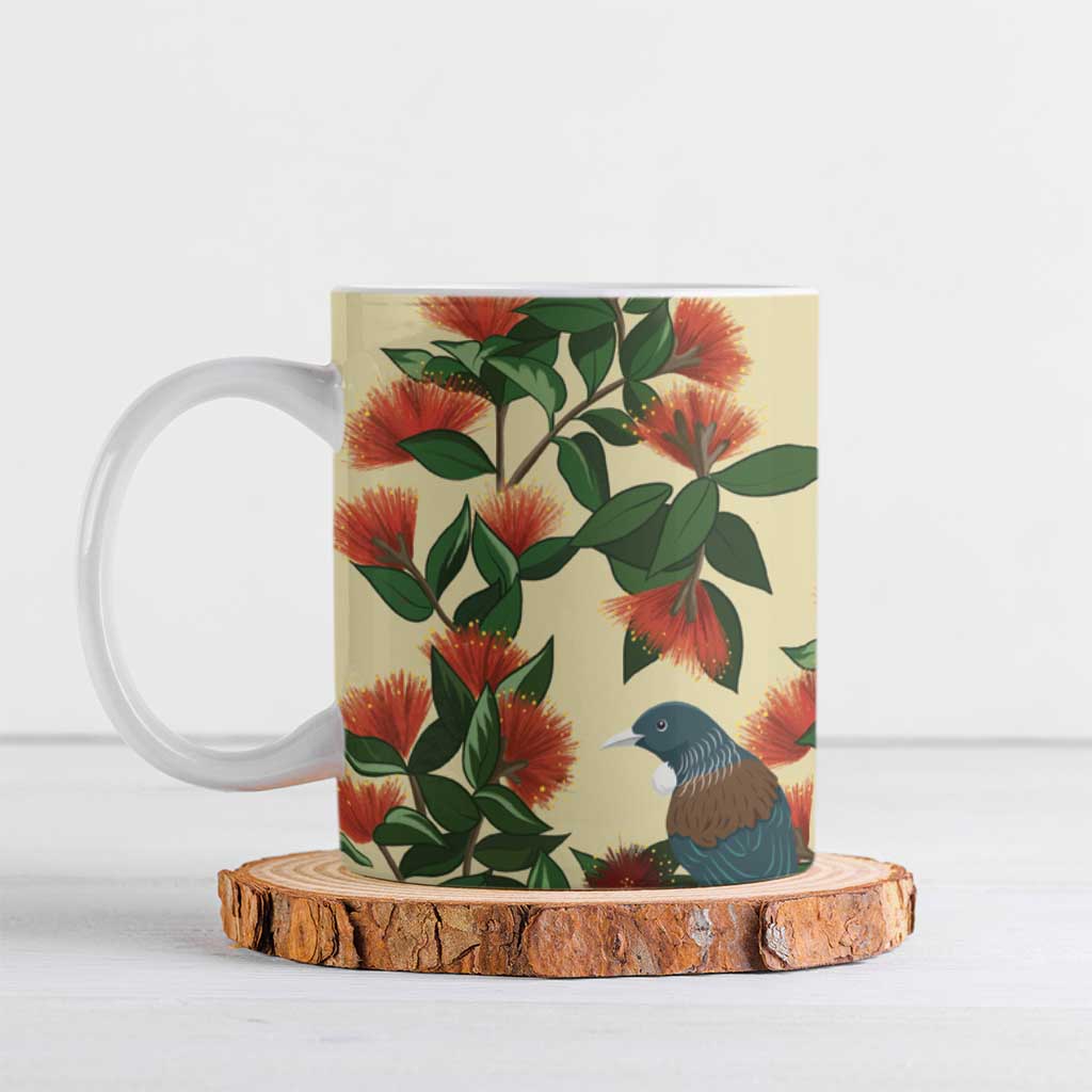 New Zealand Christmas Ceramic Mug Romantic Tui Birds on Pohutukawa - Ivory - Polynesian Pride