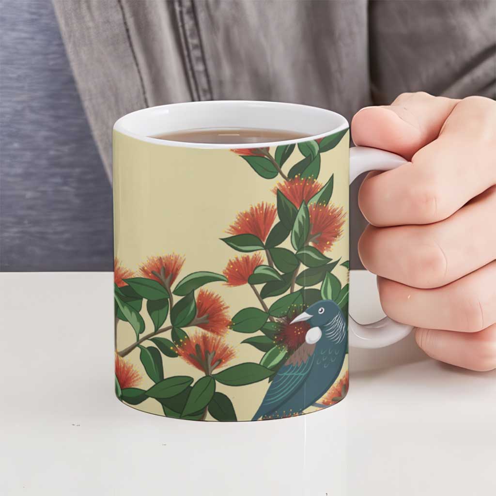 New Zealand Christmas Ceramic Mug Romantic Tui Birds on Pohutukawa - Ivory - Polynesian Pride