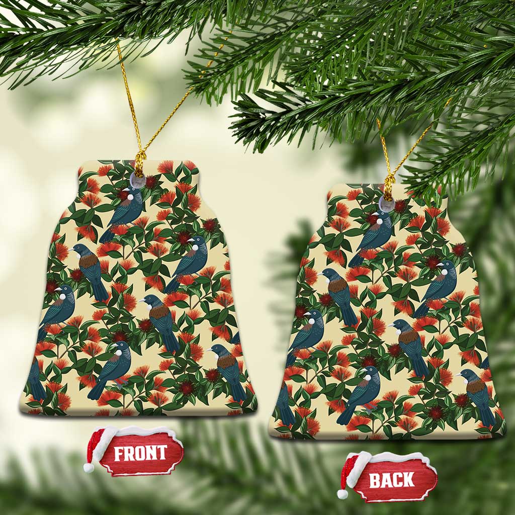 New Zealand Christmas Ceramic Ornament Romantic Tui Birds on Pohutukawa - Ivory - Polynesian Pride