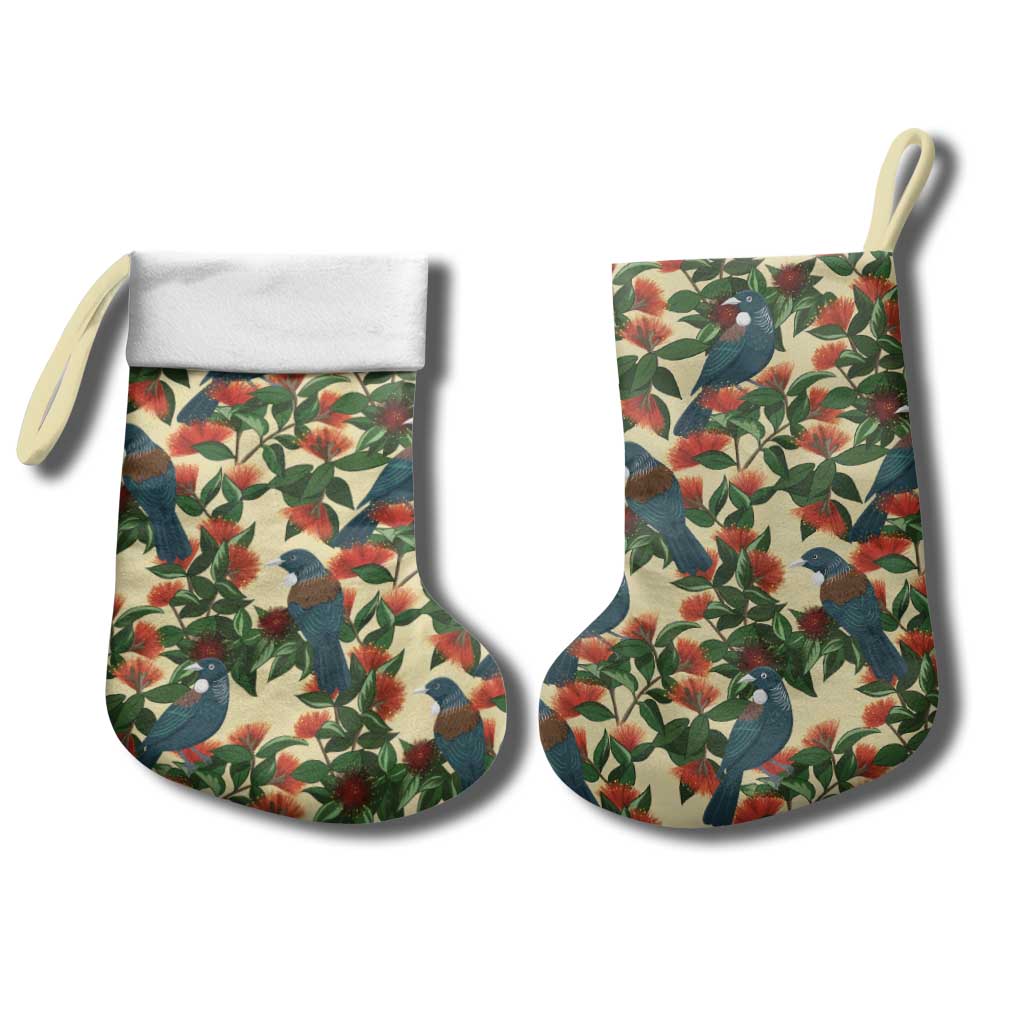 New Zealand Christmas Stocking Romantic Tui Birds on Pohutukawa - Ivory - Polynesian Pride
