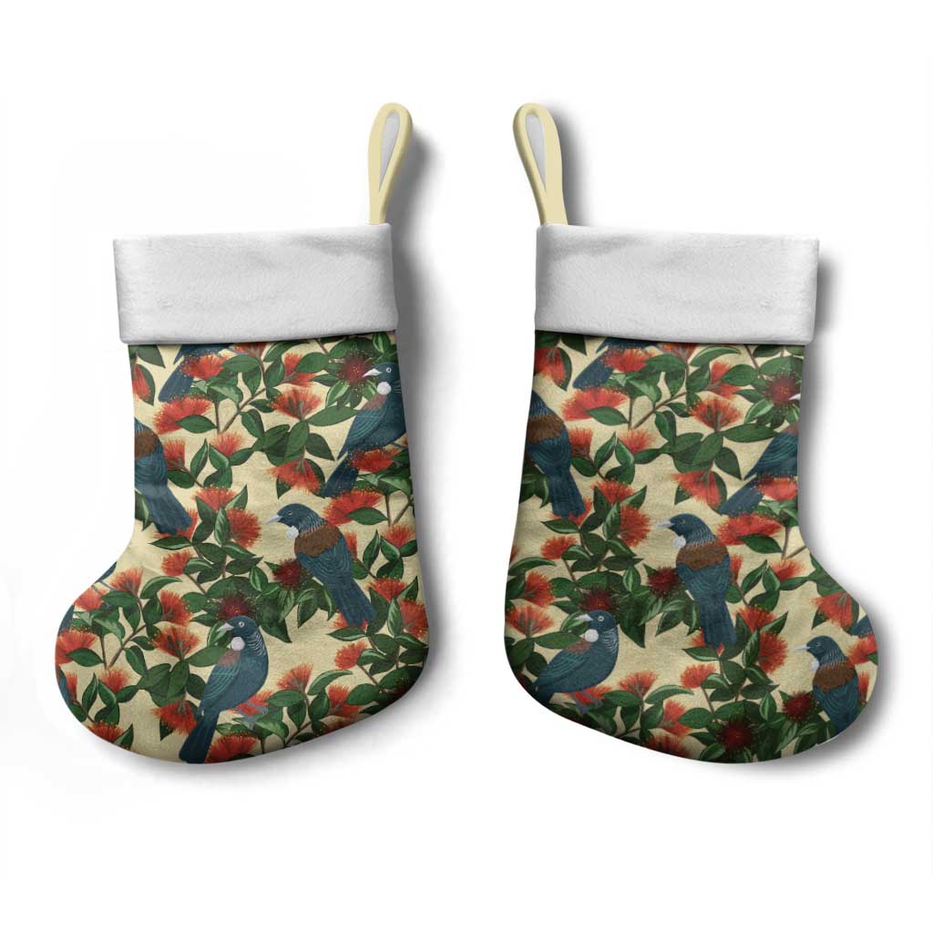 New Zealand Christmas Stocking Romantic Tui Birds on Pohutukawa - Ivory - Polynesian Pride